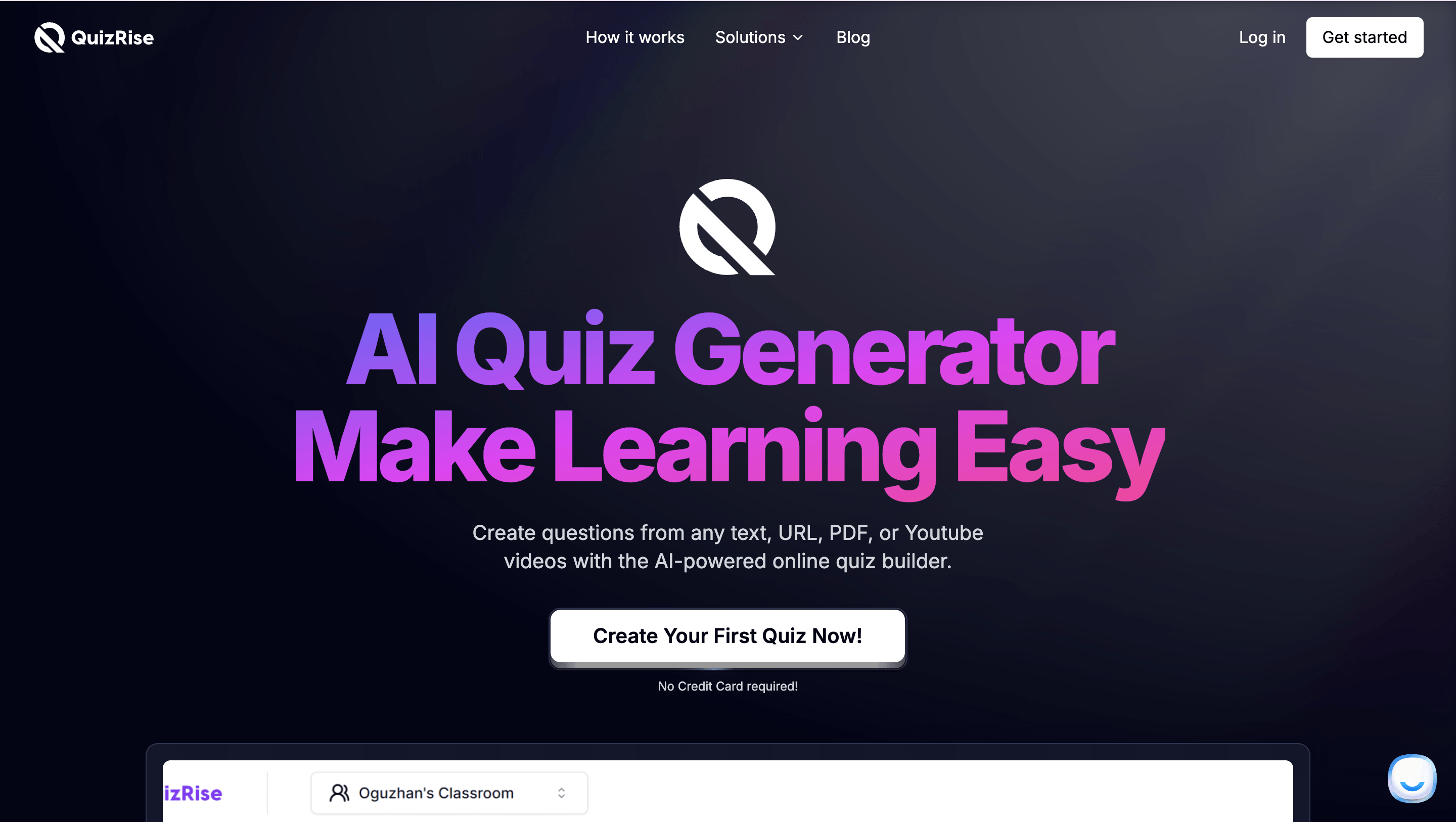 QuizRise interface for generating quizzes and flashcards from study materials