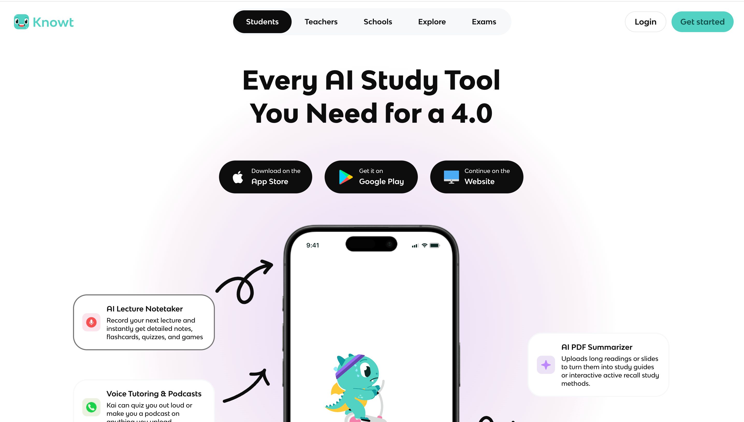 Knowt study platform interface for flashcards and practice tests