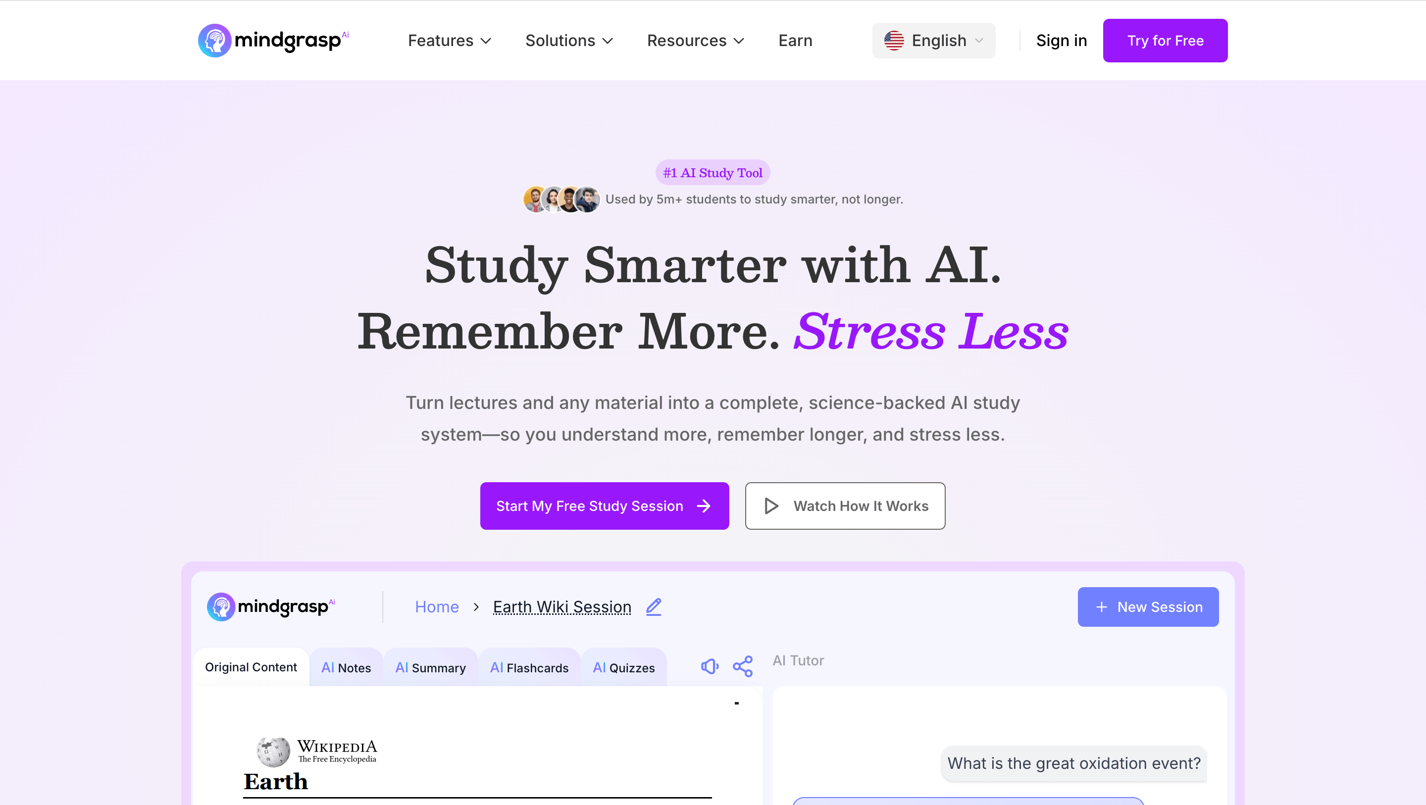 Mindgrasp AI interface for generating study materials from uploaded content
