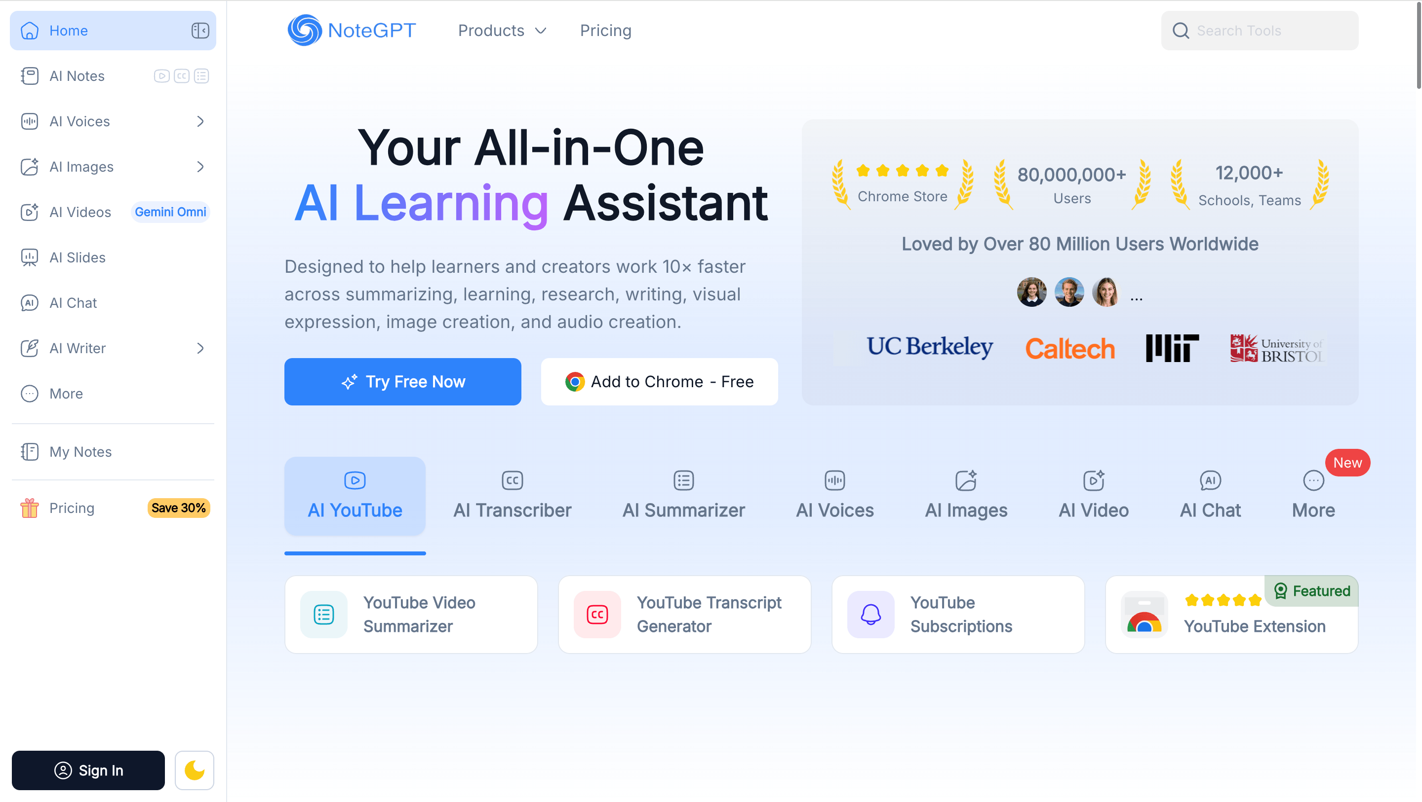 NoteGPT AI study interface for summaries, notes, and learning materials