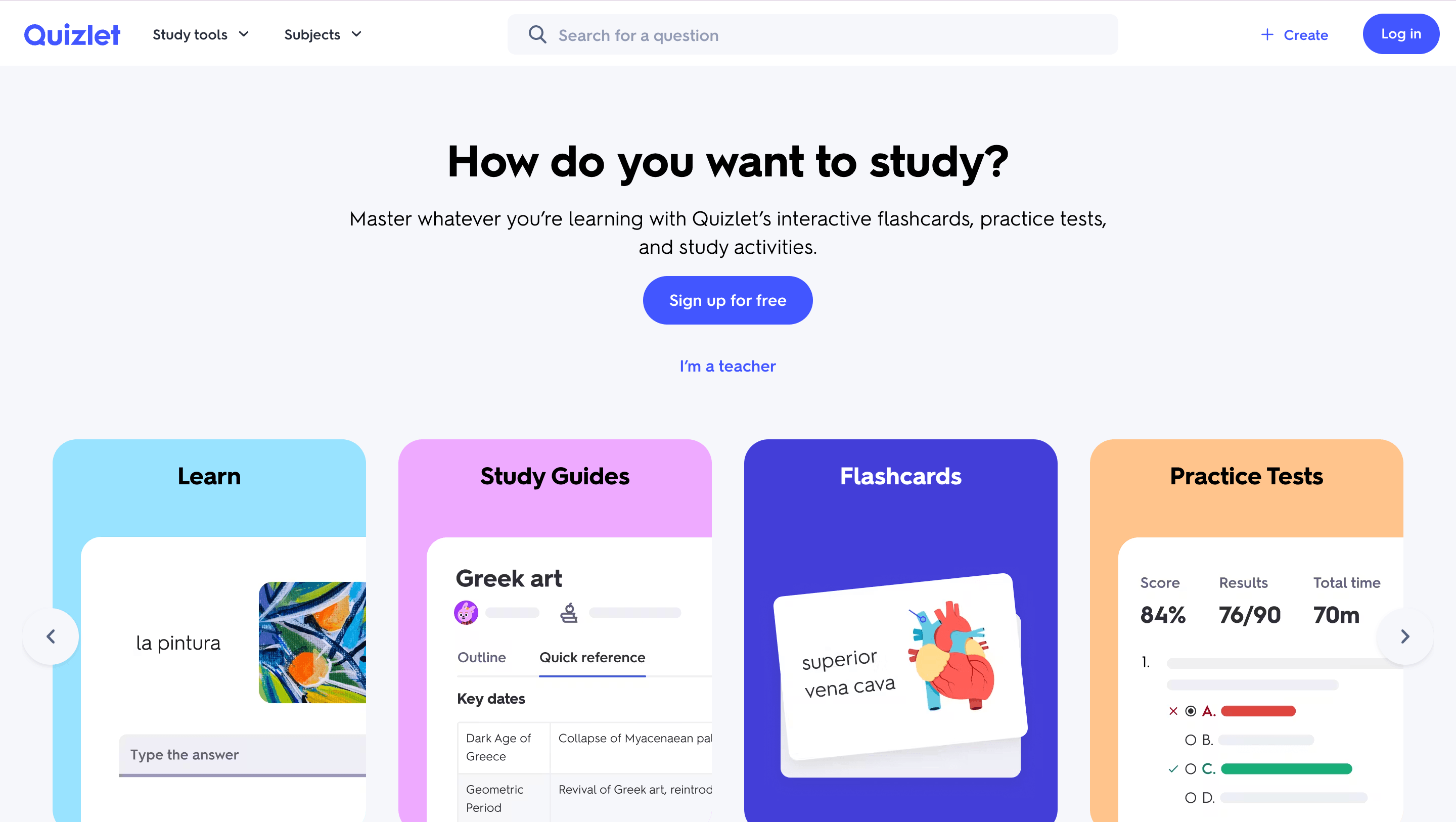 Quizlet flashcard and practice test interface for self-study