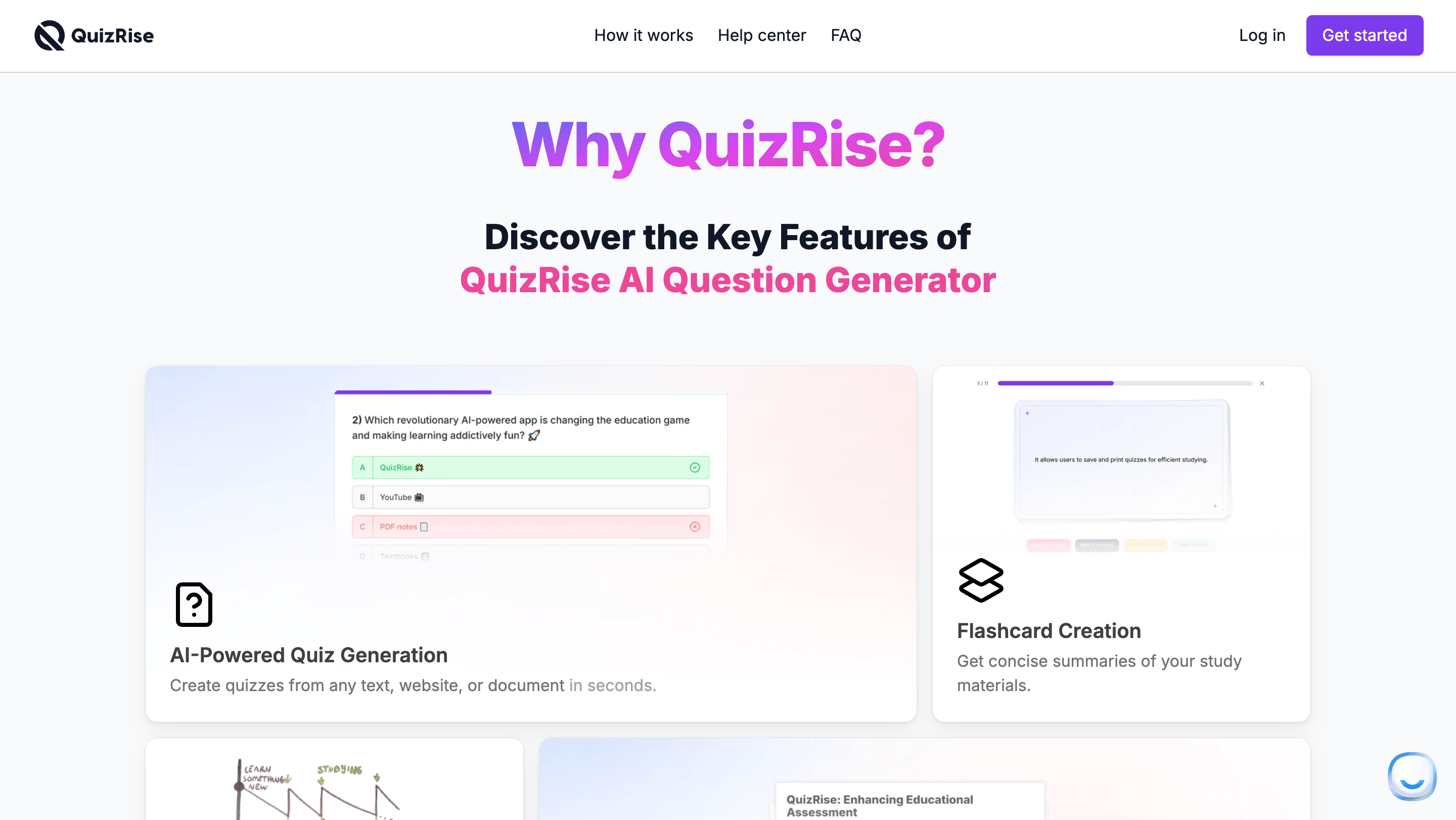 QuizRise feature overview showing quiz generation and flashcard tools