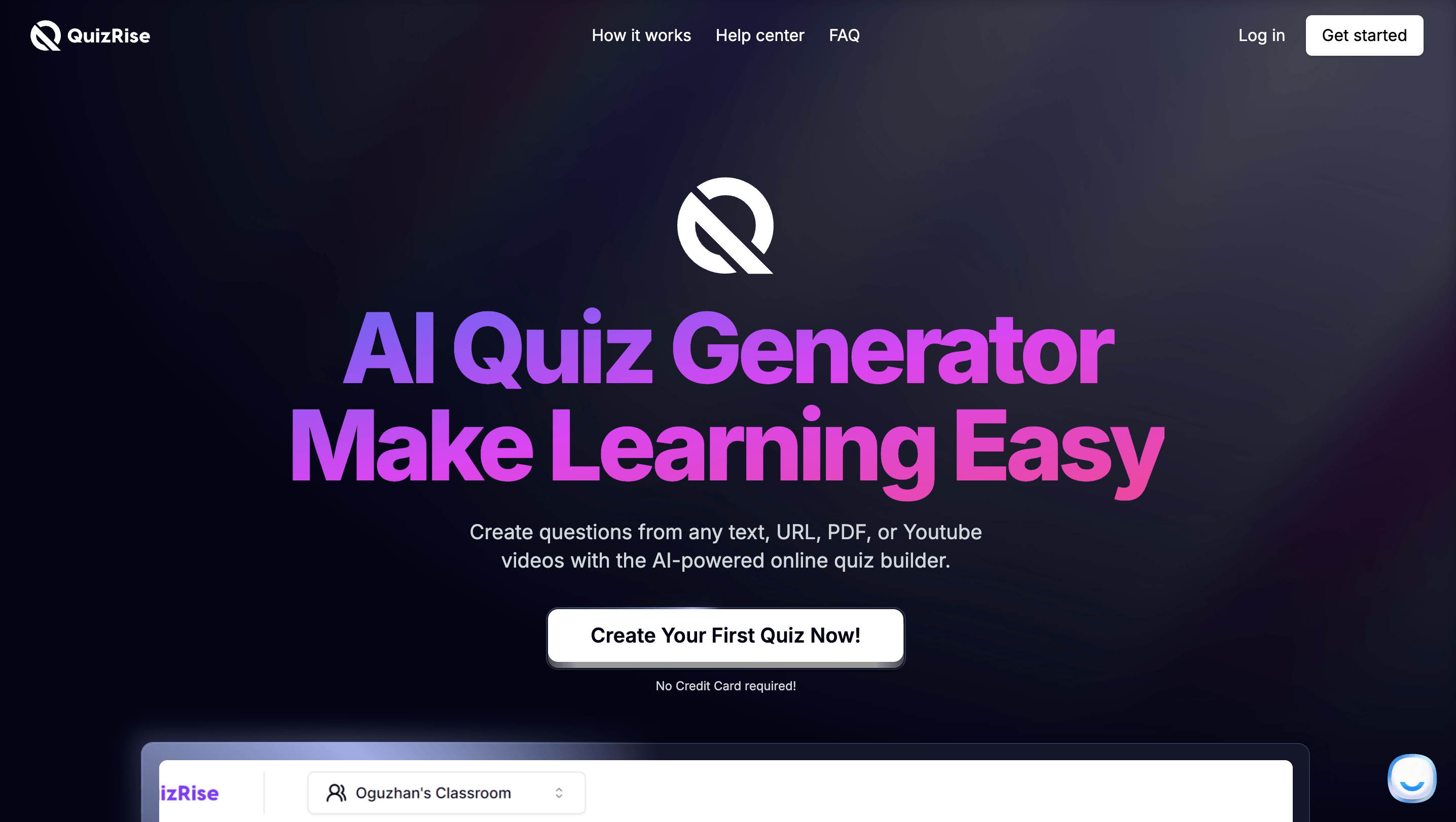 QuizRise AI quiz generator interface for creating study materials