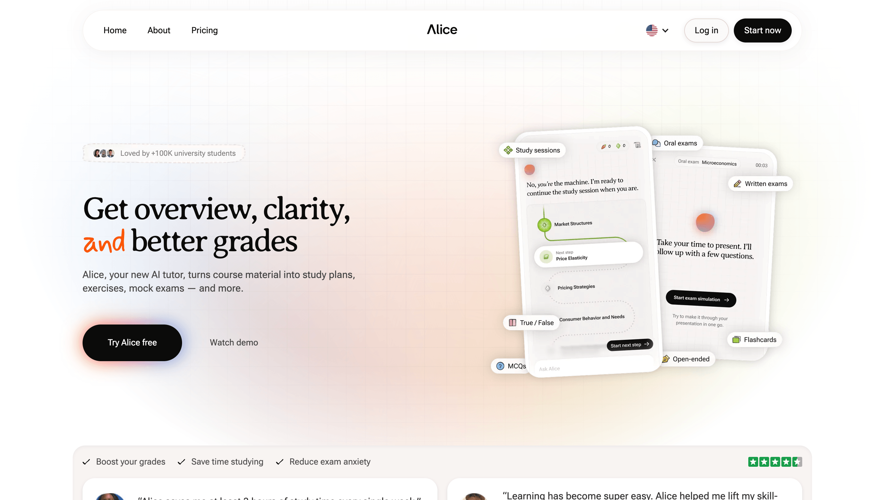 Alice AI study assistant interface for personalized notes and practice activities