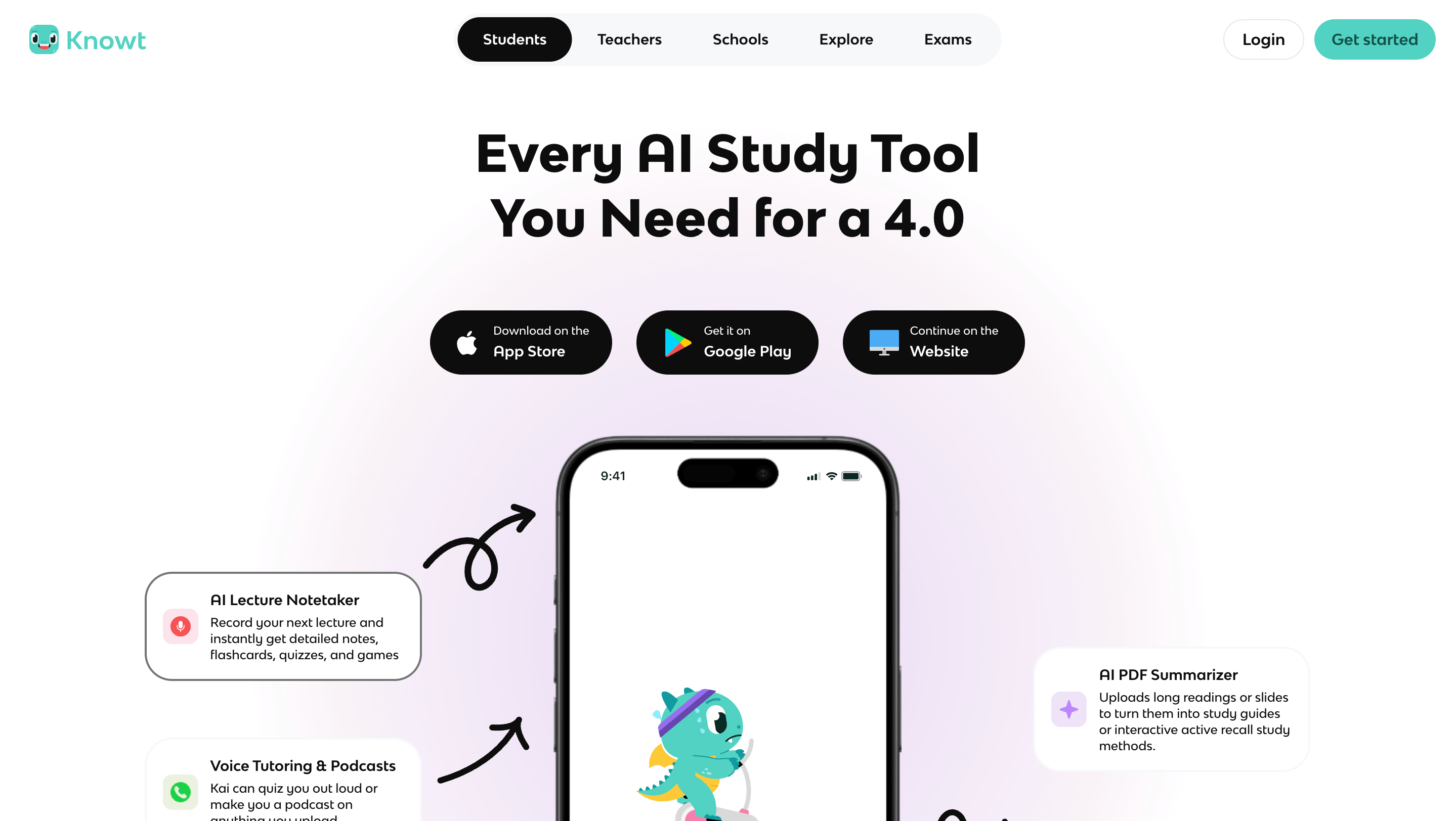 Knowt study platform interface for flashcards, notes, and practice tests