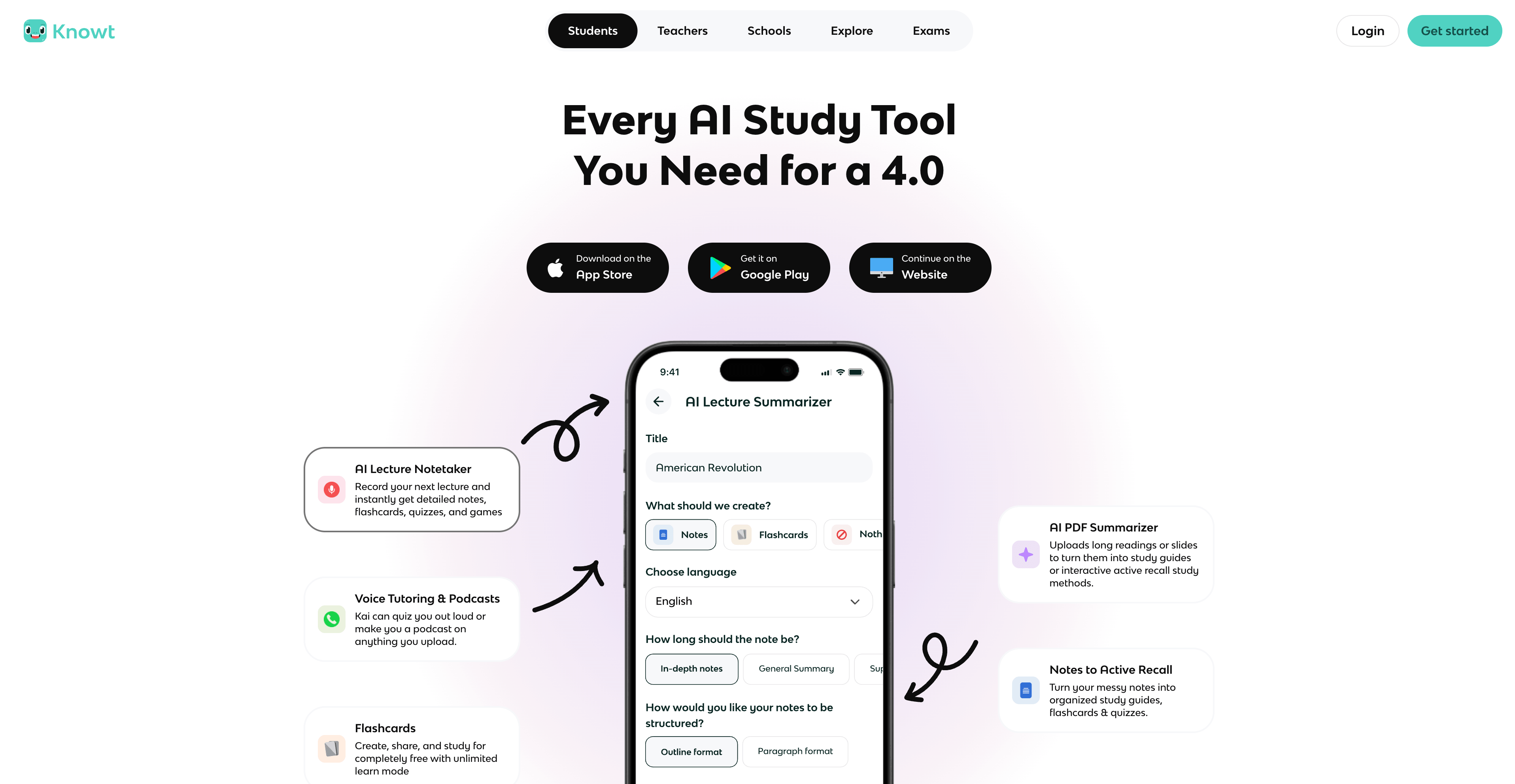Knowt study platform interface for flashcards, notes, and practice tests