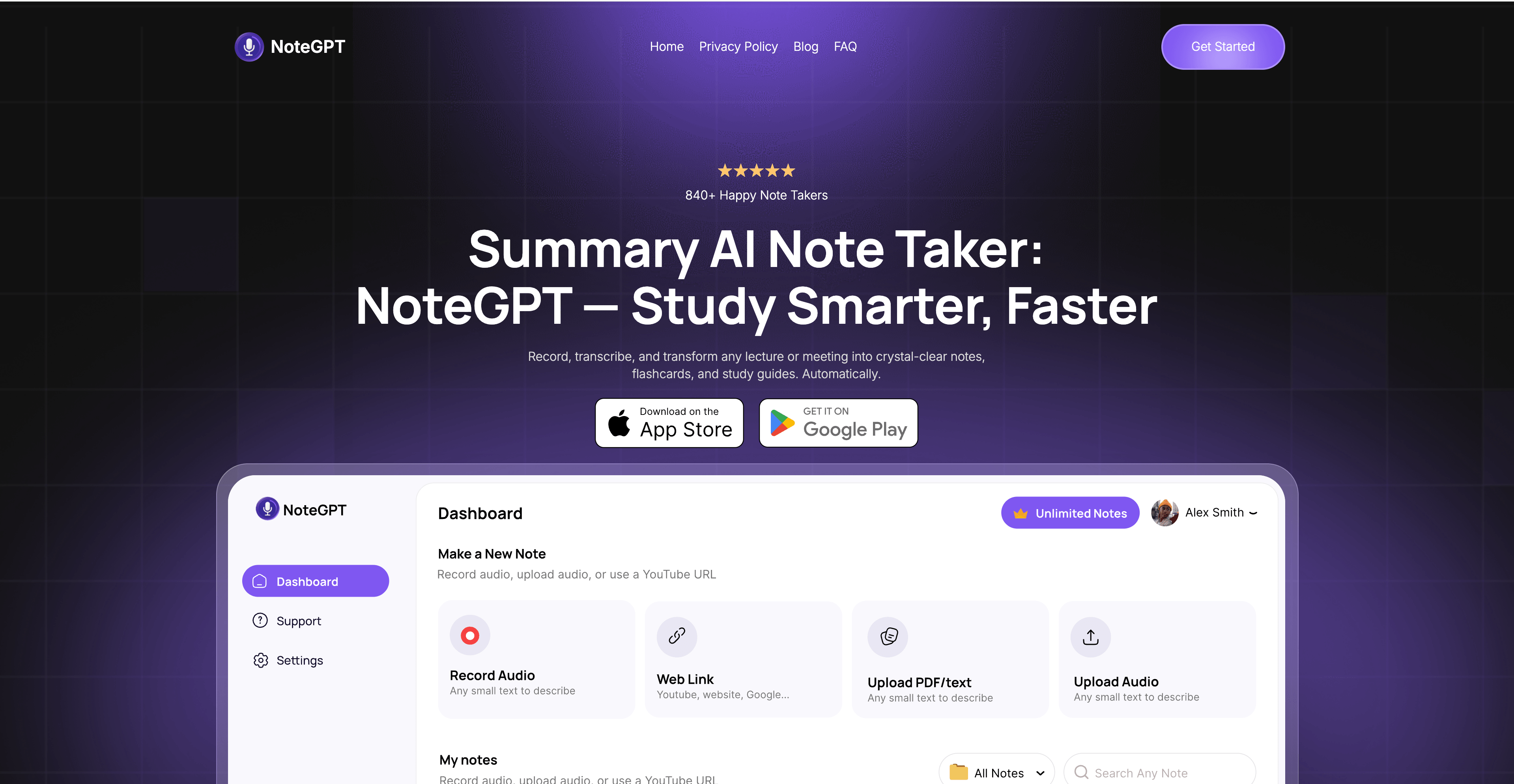 NoteGPT interface for summarizing videos, PDFs, websites, and study content