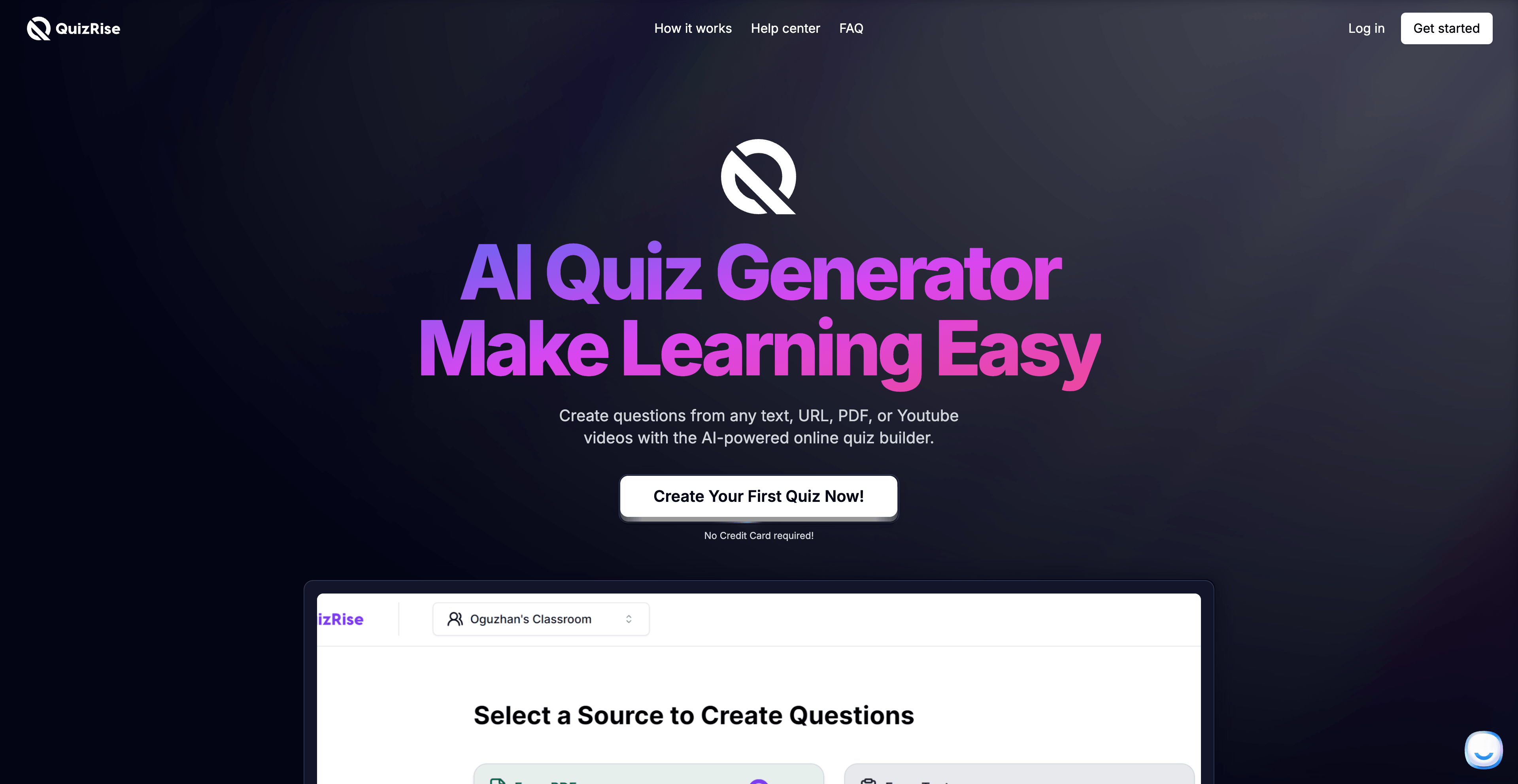 QuizRise AI study tool interface for creating quizzes and flashcards from learning materials