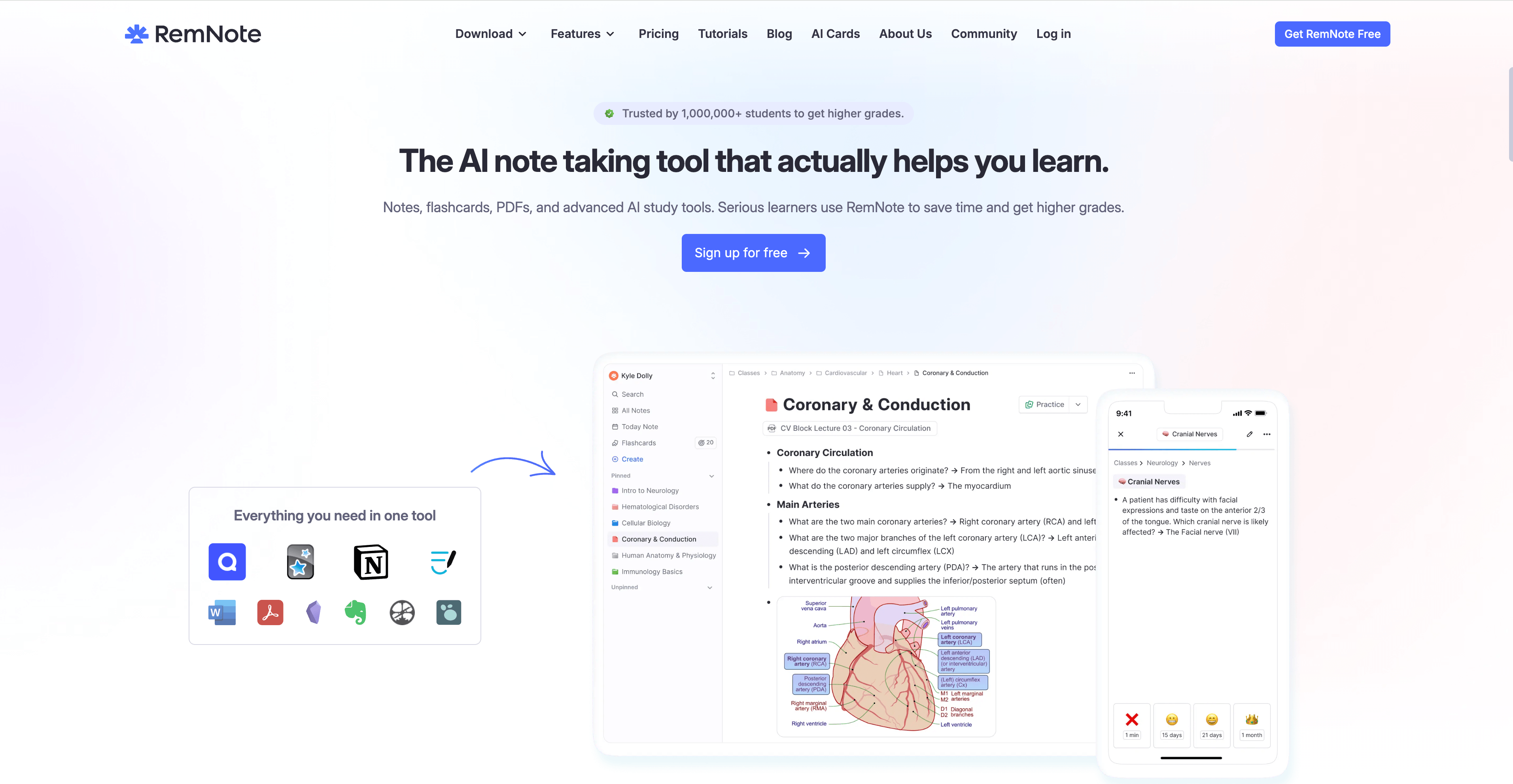 RemNote interface for connected notes, flashcards, and spaced repetition study