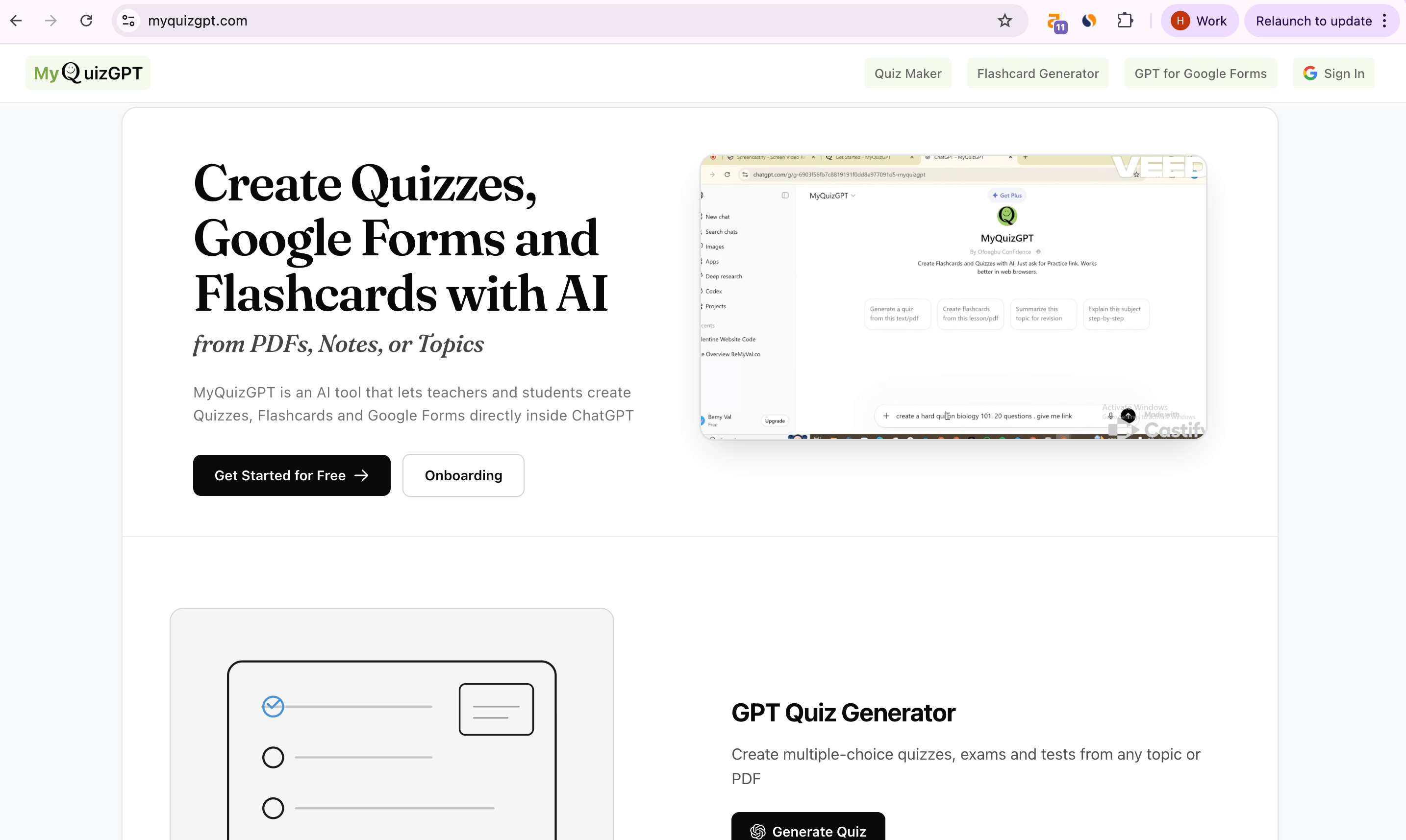 MyQuizGPT page featuring personalized quiz generation from study materials