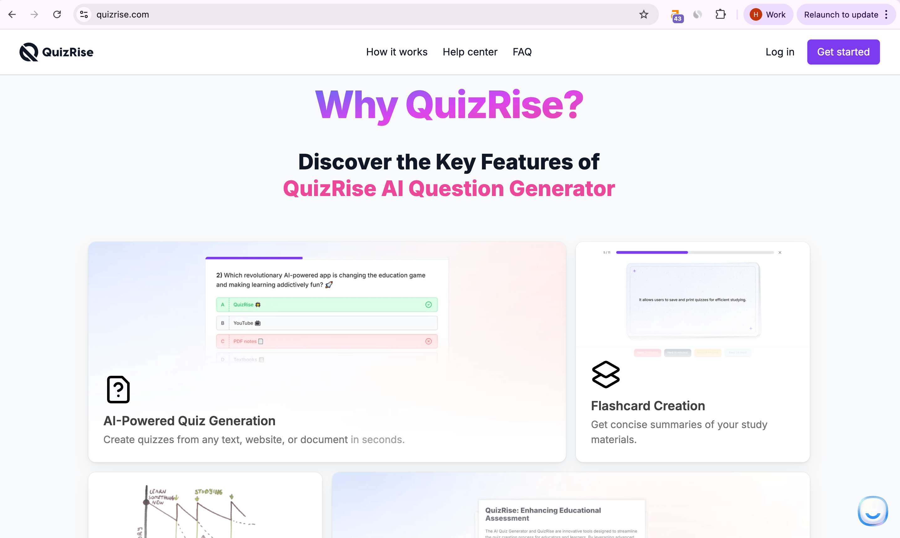 QuizRise dashboard with interactive quiz creation and study options