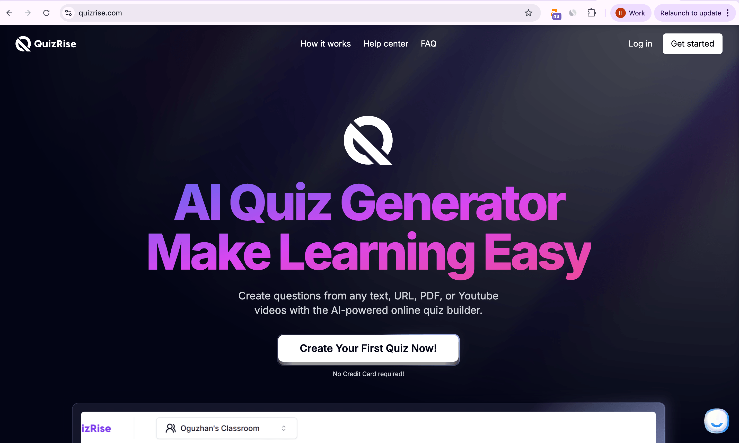 QuizRise interface showing AI quiz and flashcard tools